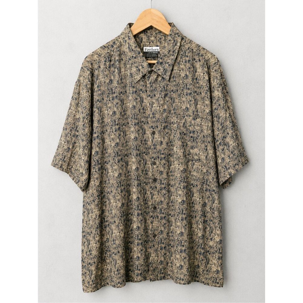 Firethorn Men’s 100% Silk Abstract Print Button Front Shirt XXL Short Sleeve